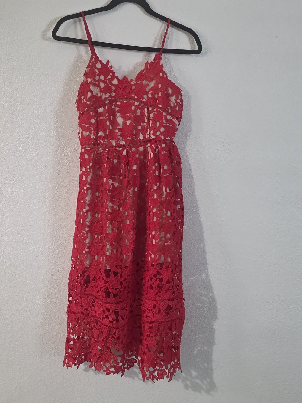 Red Lace Midi Dress - Women's Spaghetti Strap